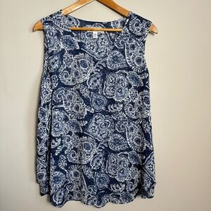 Christina B Women's Sheer Blue Abstract Layered Satin Sleeveless Blouse Large